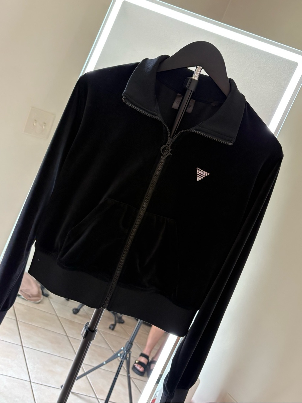 Guess Black Velour Zip Front Jacket with Triangle Logo